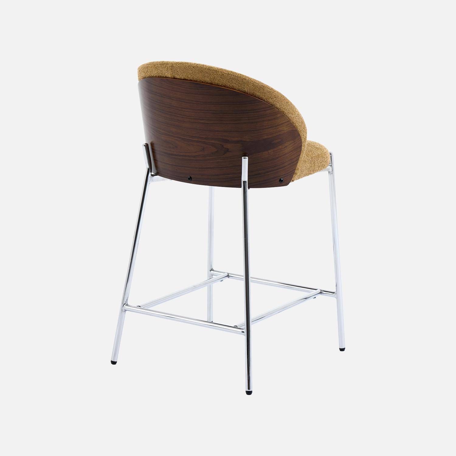 Lot de 2 tabourets de bar bois de peuplier teinté noyer, acier chromé et tissu texturé moutarde - Paul Photo5