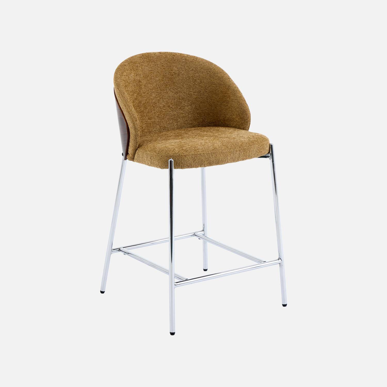 Lot de 2 tabourets de bar bois de peuplier teinté noyer, acier chromé et tissu texturé moutarde - Paul Photo3