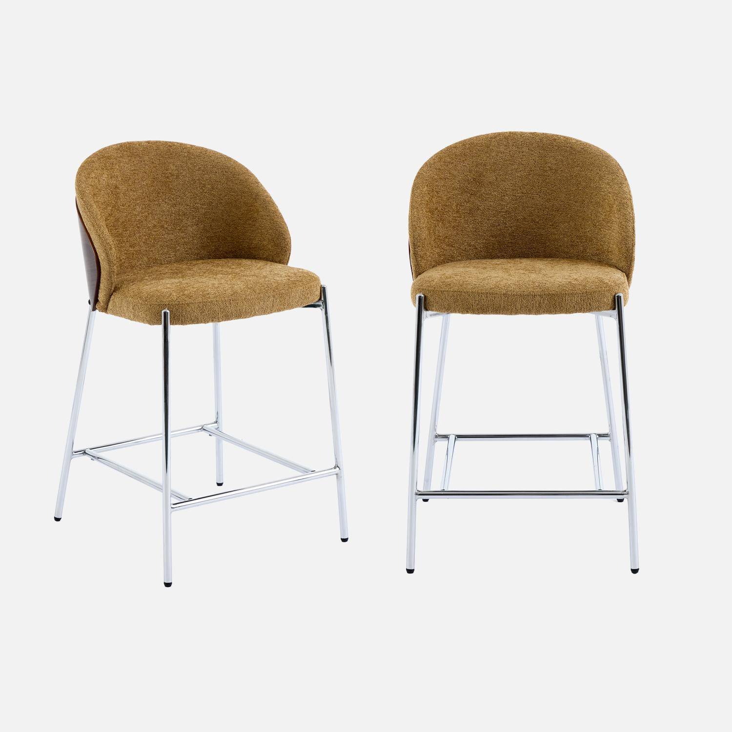 Lot de 2 tabourets de bar bois de peuplier teinté noyer, acier chromé et tissu texturé moutarde - Paul Photo2