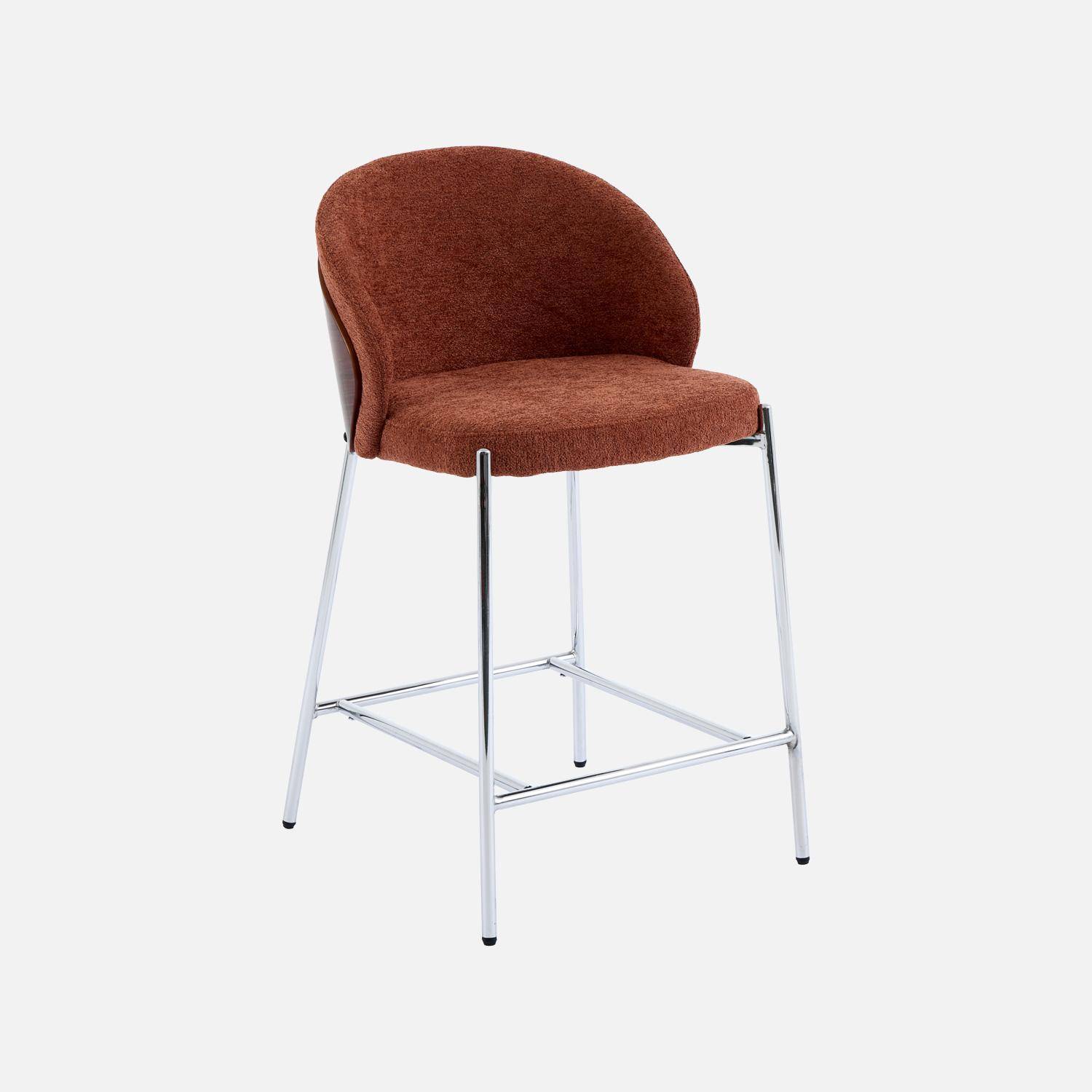 Taburete de bar de madera de álamo teñida en nogal, acero y tejido texturizado, set de 2, Paul, Terracotta, 51x52x92 cm Photo3