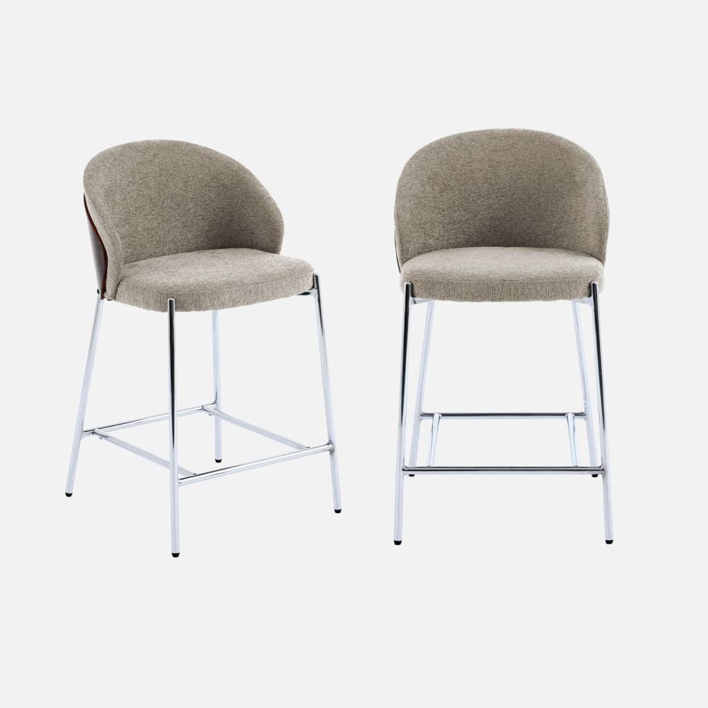 2 tabourets de bar bois, acier chromé et tissu texturé taupe