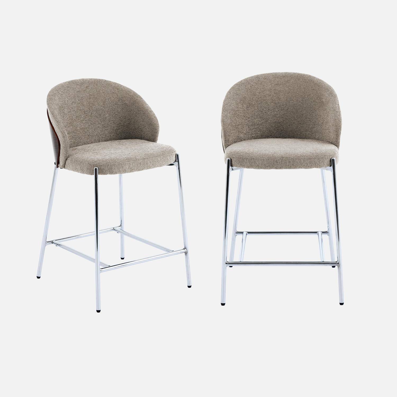 Lot de 2 tabourets de bar bois de peuplier teinté noyer, acier chromé et tissu texturé taupe - Paul Photo2