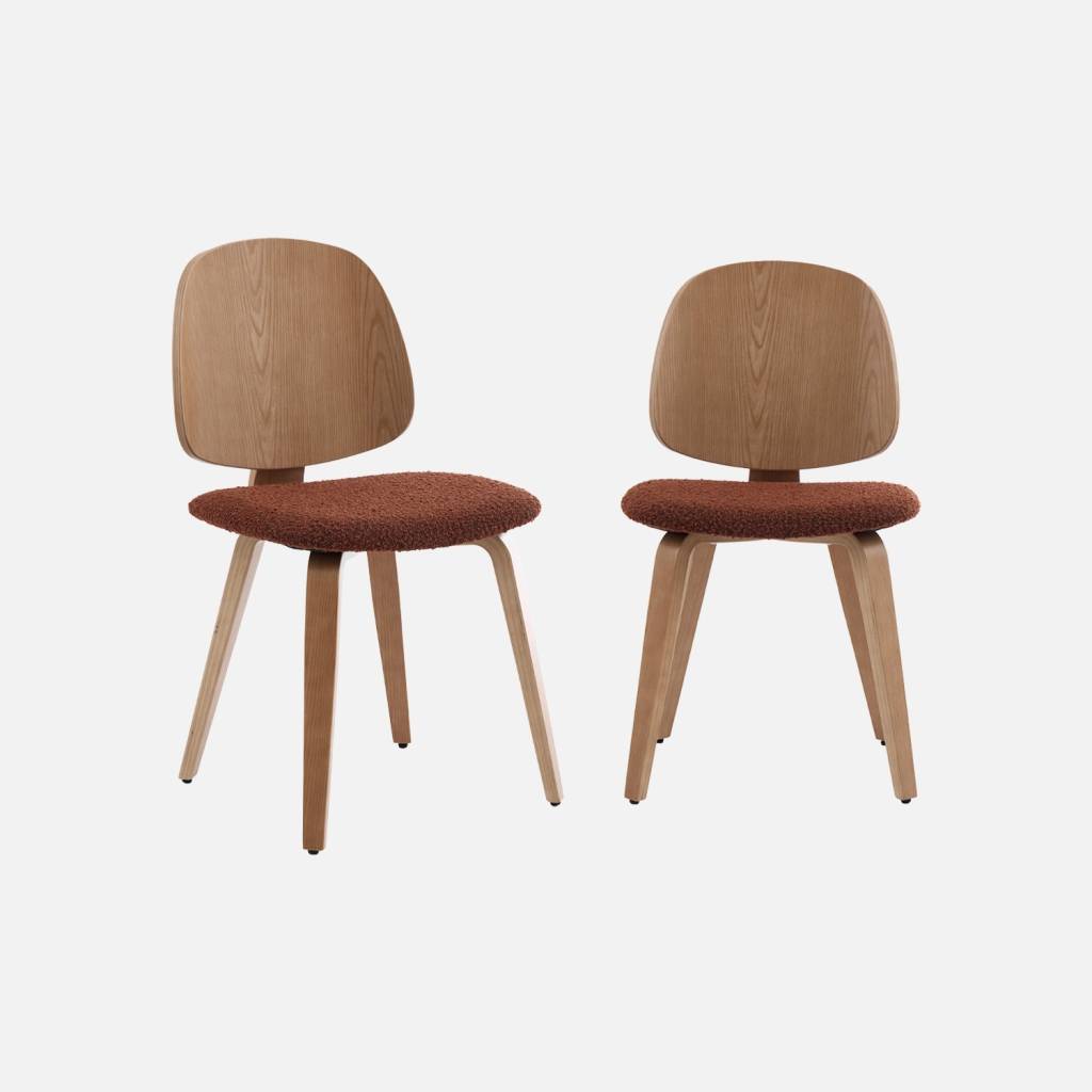 2 chaises bois courbé chêne, bouclette texturée terracotta