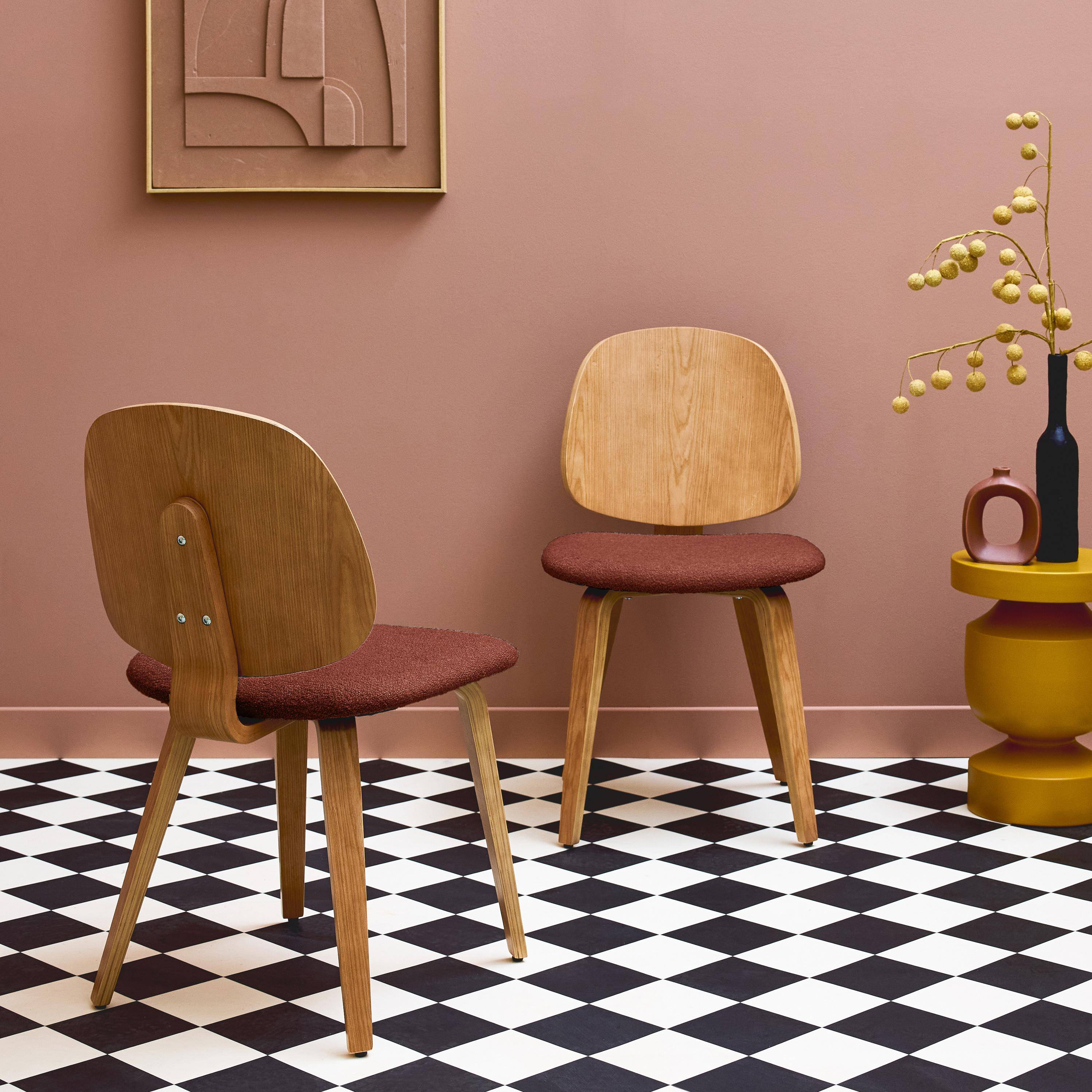 Lot de 2 chaises bois de peuplier courbé placage chêne et bouclette texturée terracotta - Sophia,sweeek,Photo2