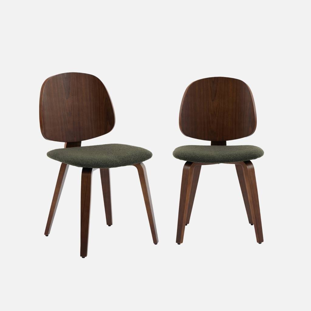 Silla de madera de álamo curvado chapado en nogal y boucle texturizada, set de 2, Verde kaki