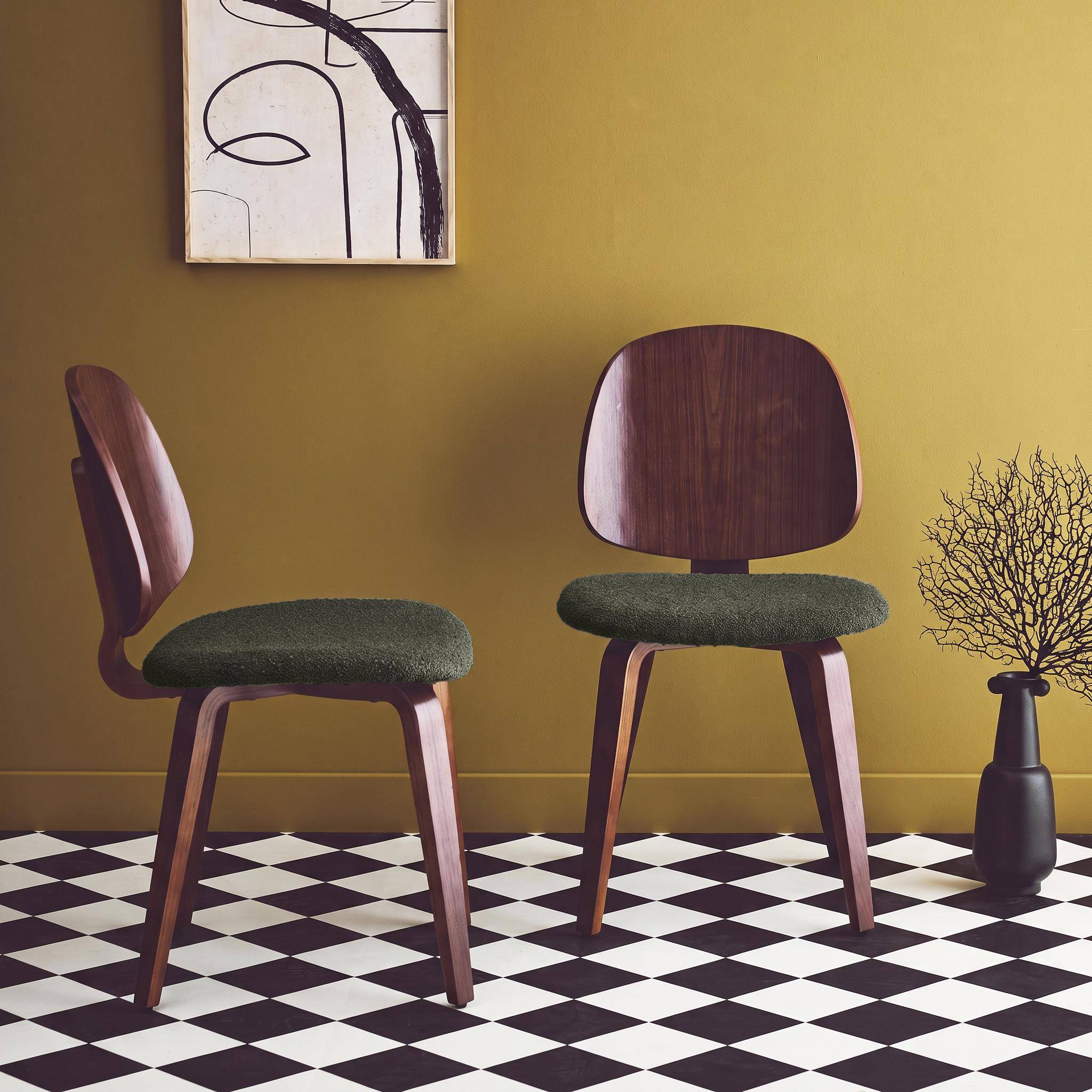 Silla de madera de álamo curvado chapado en nogal y boucle texturizada, set de 2, Sophia, Verde kaki, 47x53x82 cm Photo1