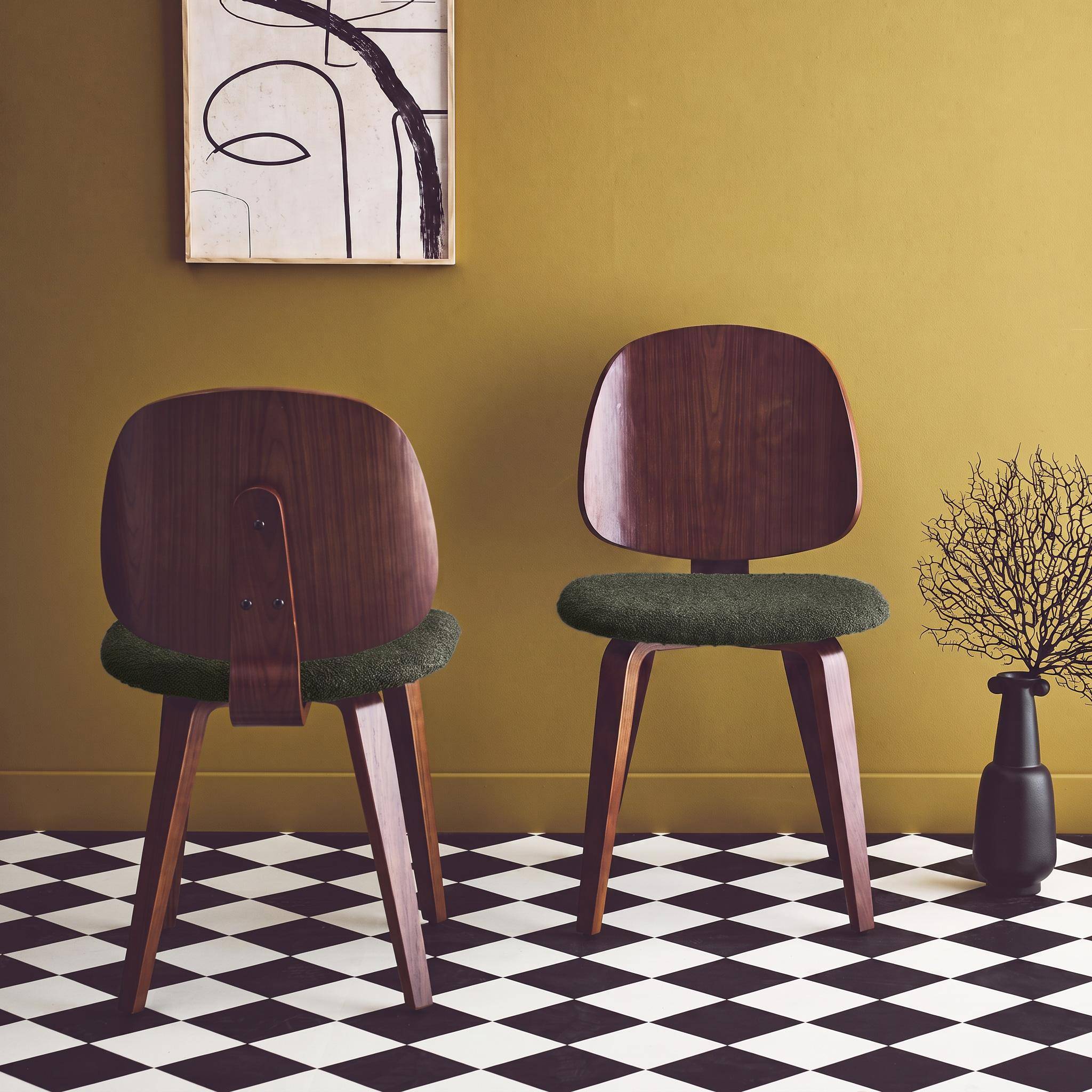 Silla de madera de álamo curvado chapado en nogal y boucle texturizada, set de 2, Sophia, Verde kaki, 47x53x82 cm Photo2