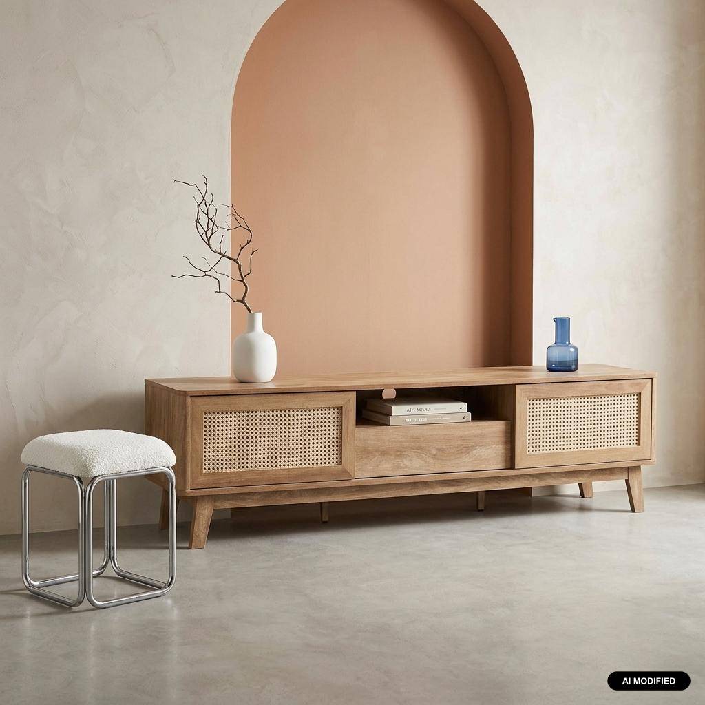 Meuble TV décor bois et cannage portes coulissantes 180cm naturel - Mani Photo1