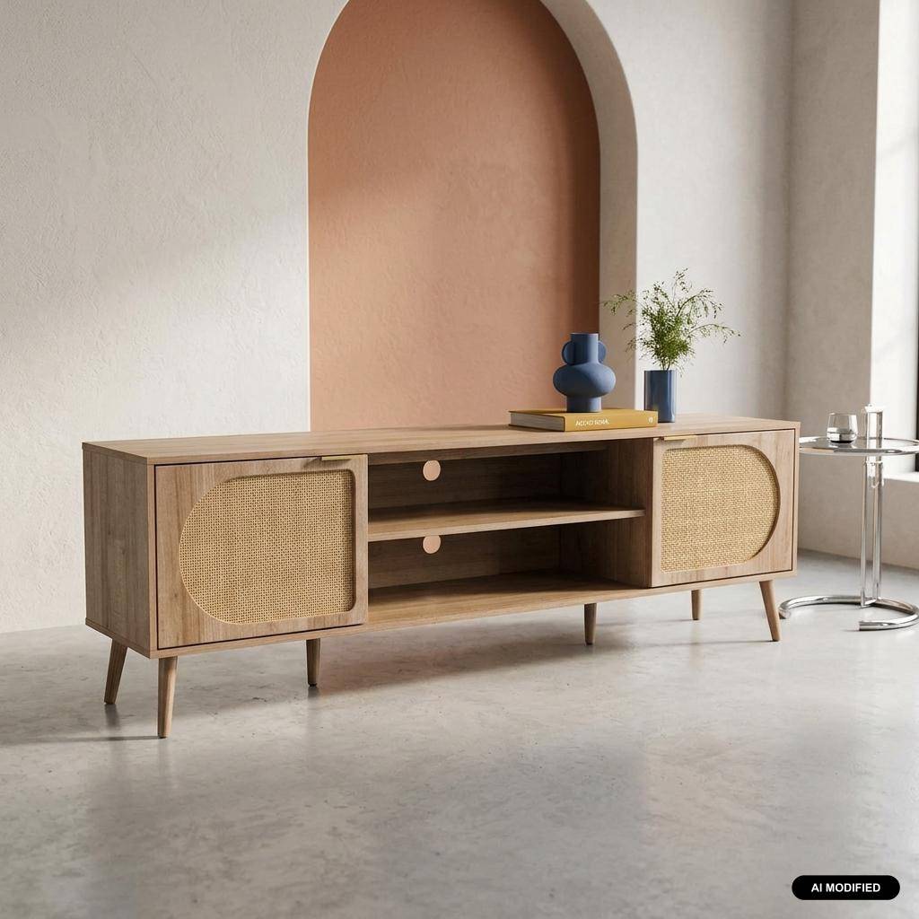 Meuble TV décor bois et cannage arrondi 2 portes 180cm naturel - Eva Photo1