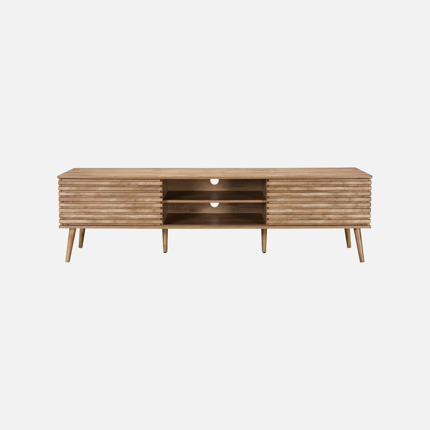 Meuble TV scandinave décor bois rainuré 2 portes 180cm naturel - Madere Photo2