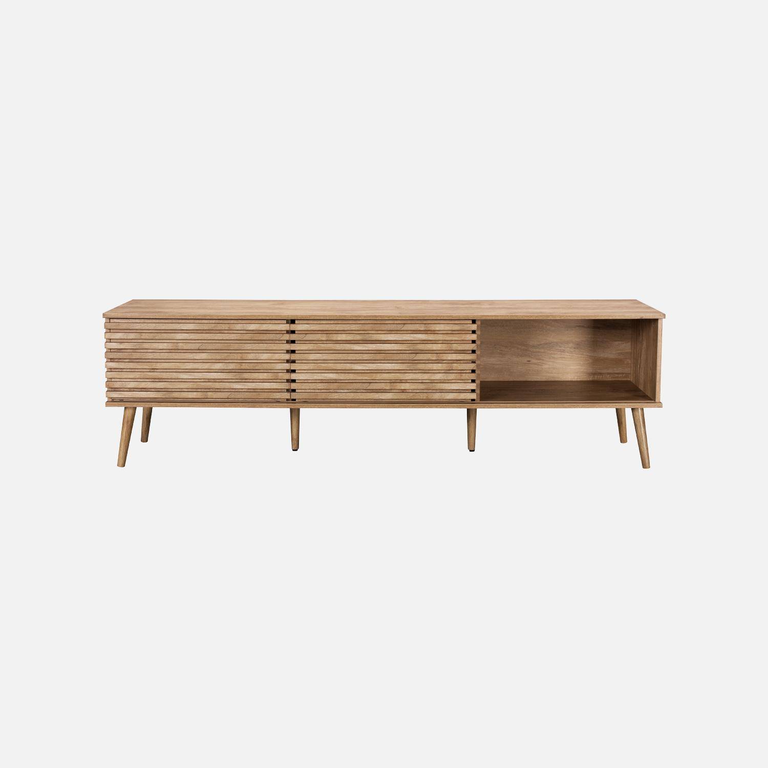 Meuble TV scandinave décor bois rainuré 2 portes 180cm naturel - Madere,sweeek,Photo4