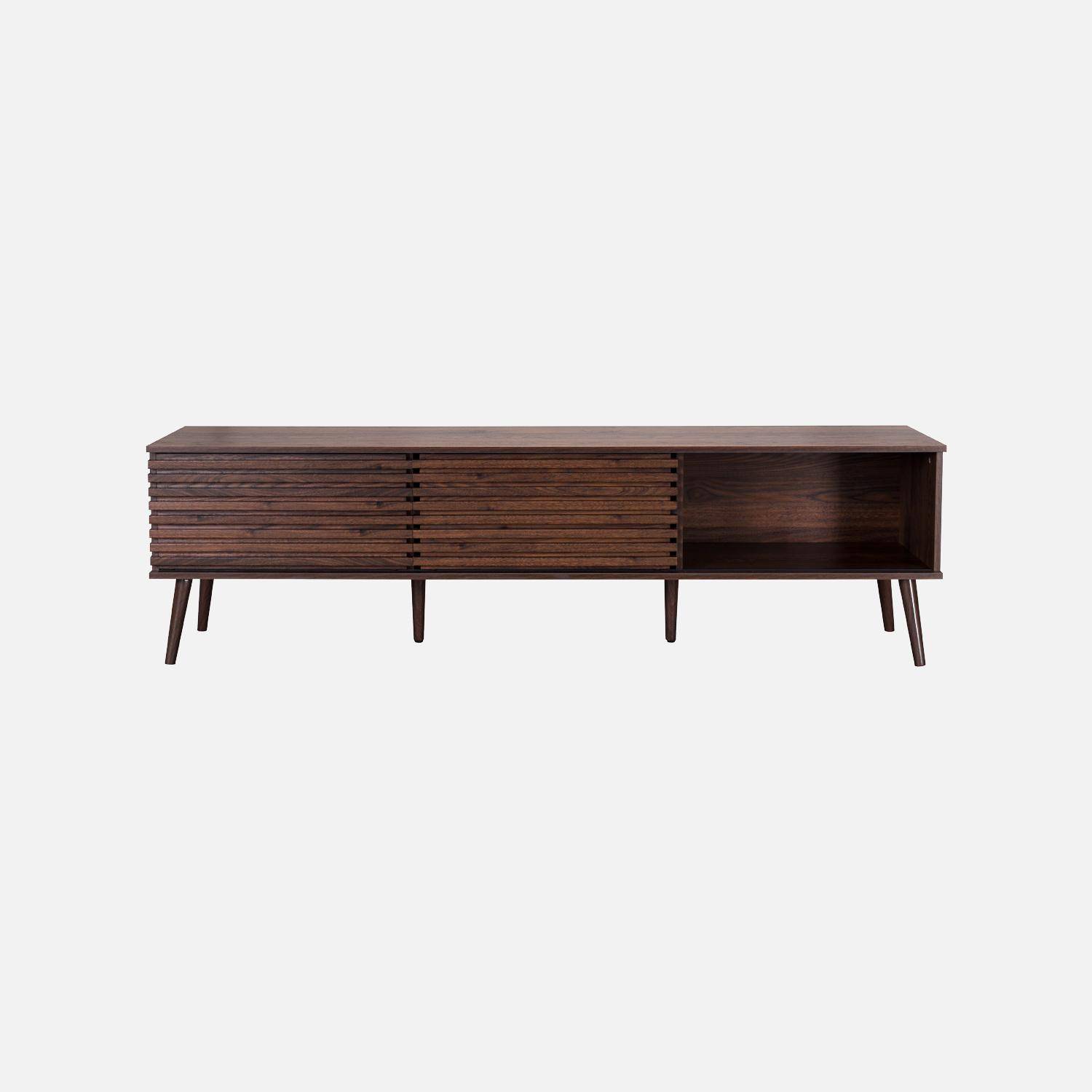 Meuble TV scandinave décor bois rainuré 2 portes 180cm noyer - Madere,sweeek,Photo4