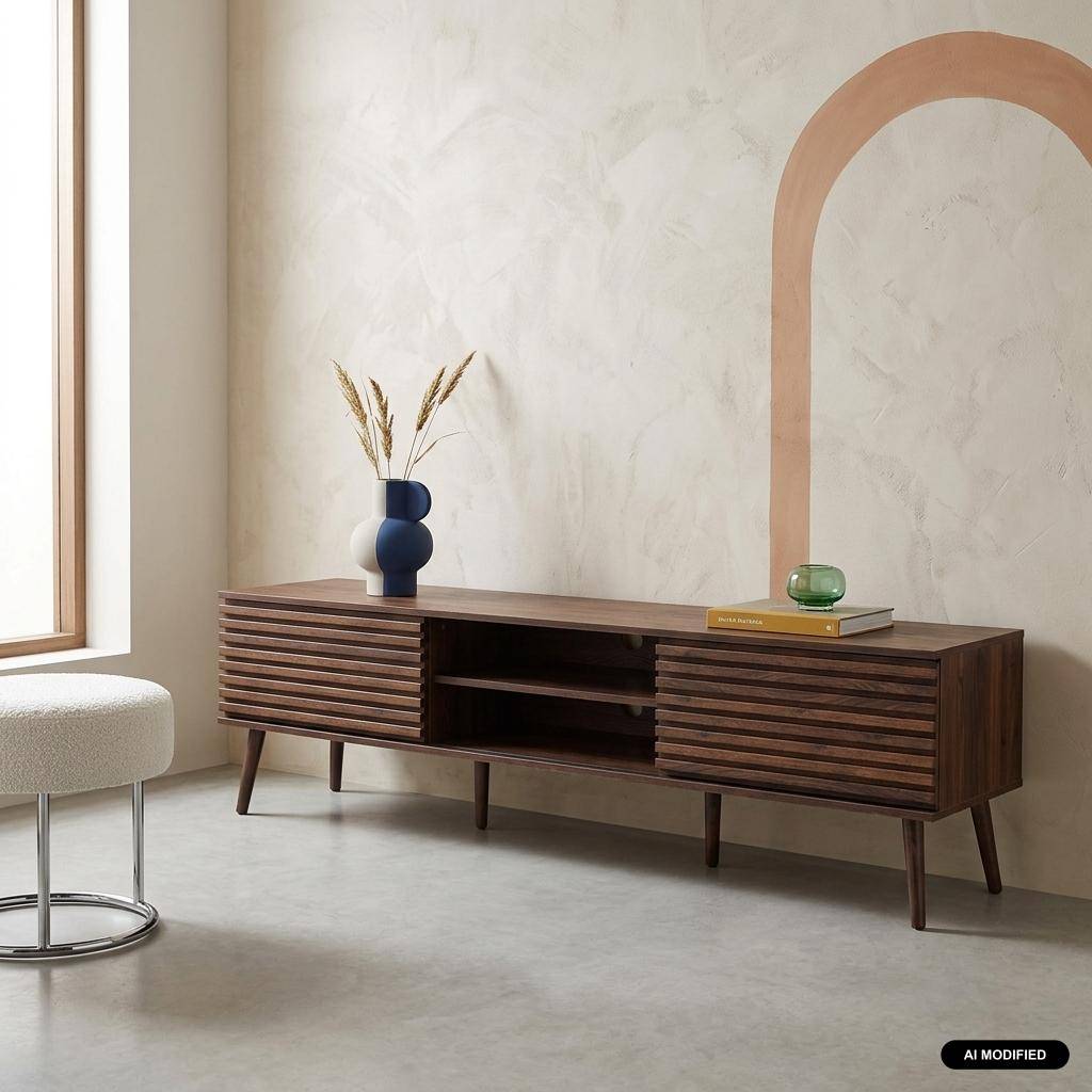 Meuble TV scandinave décor bois rainuré 2 portes 180cm noyer - Madere Photo1