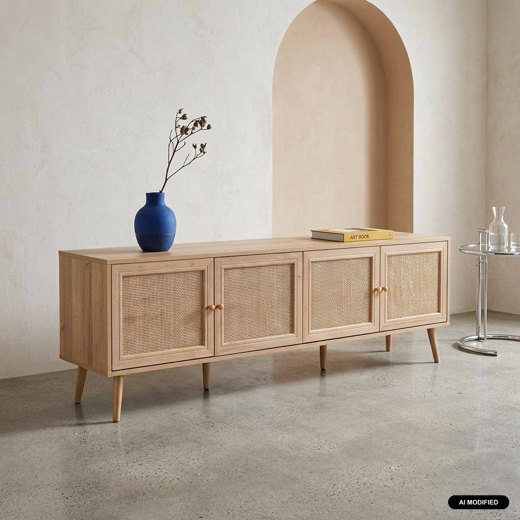 Meuble TV décor bois et cannage 4 portes 180cm naturel - Boheme Photo1