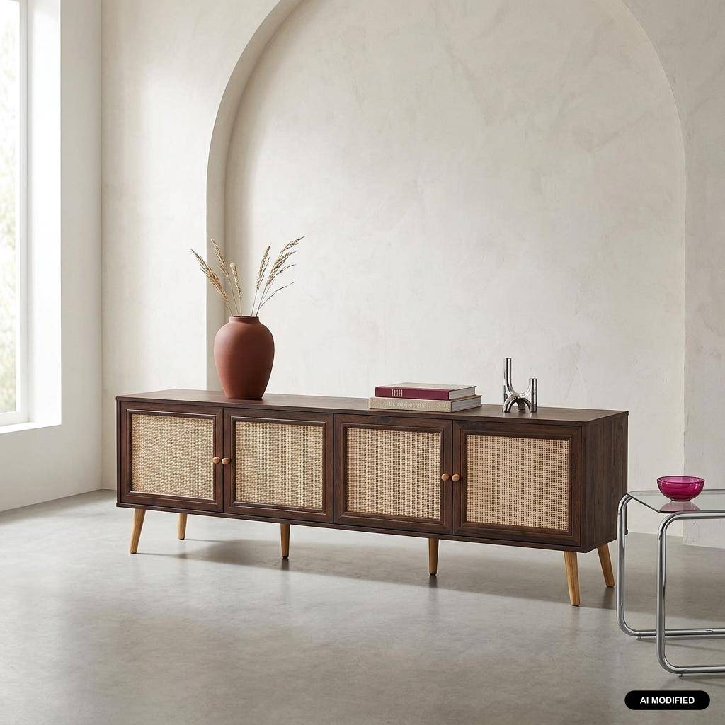 Meuble TV décor bois et cannage 4 portes 180cm noyer - Boheme Photo1