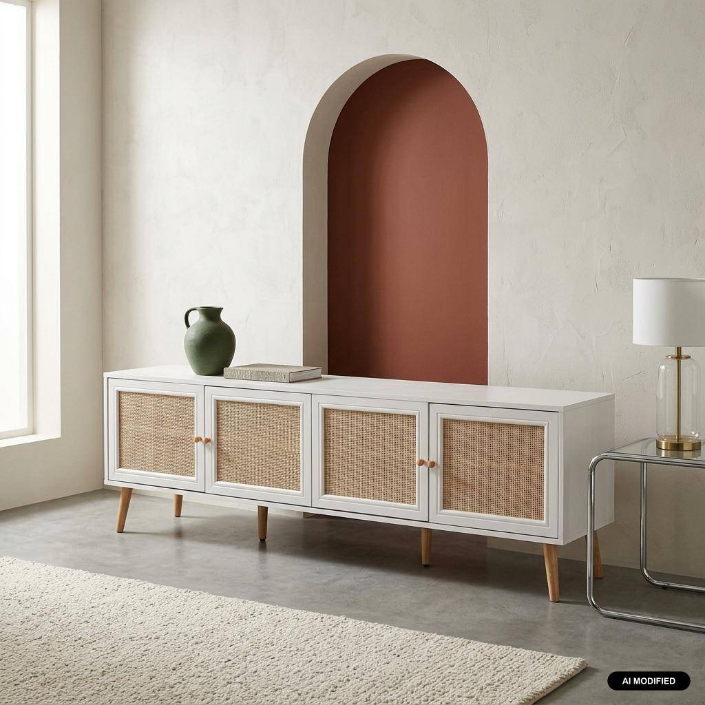 Meuble TV décor bois et cannage 4 portes 180cm blanc cassé - Boheme Photo1