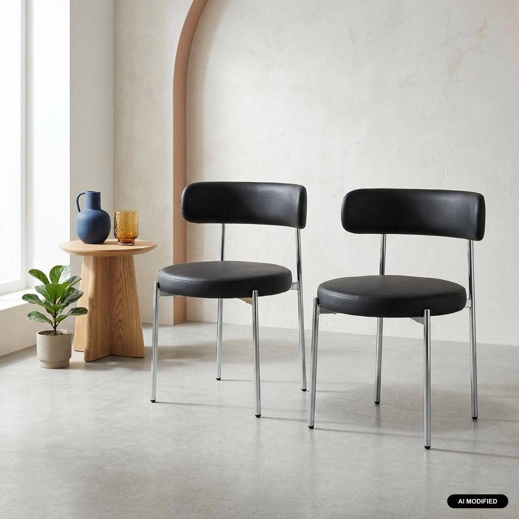 Set van 2 ronde vintage stoelen verchroomd staal en kunstleer zwart - Lola Photo1