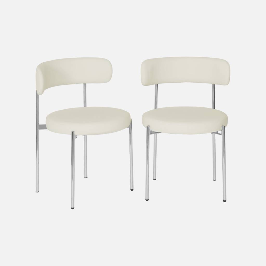 2 chaises rondes acier chromé et simili cuir blanc cassé