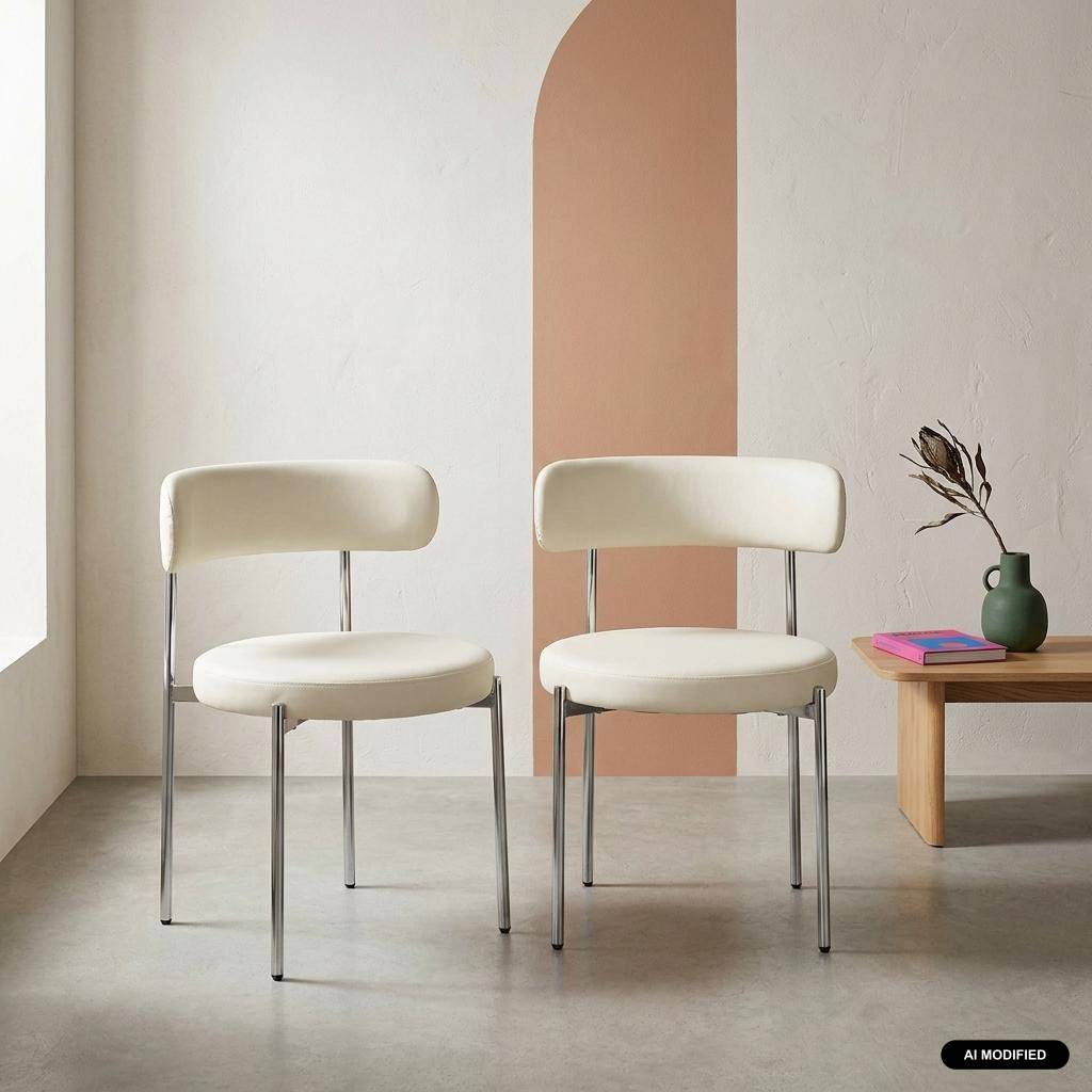 Set van 2 ronde vintage stoelen verchroomd staal en kunstleer gebroken wit - Lola Photo1