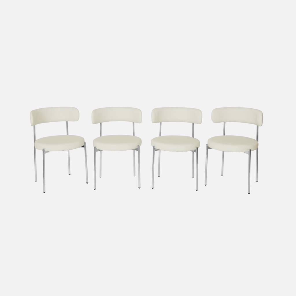 Cadeira redonda vintage aço cromado e couro sintético, set de 4, Branco sujo