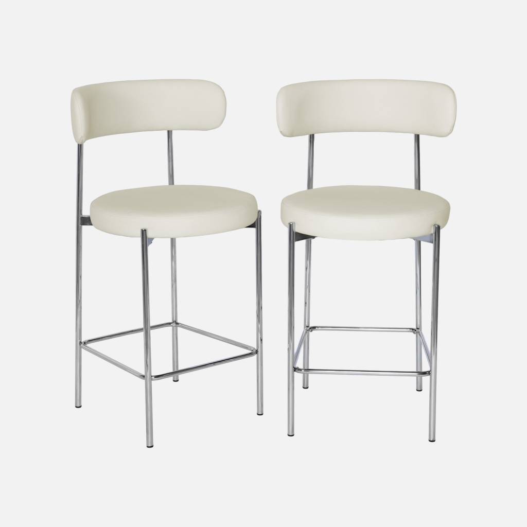 2 tabourets de bar acier chromé et simili cuir 67cm blanc cassé