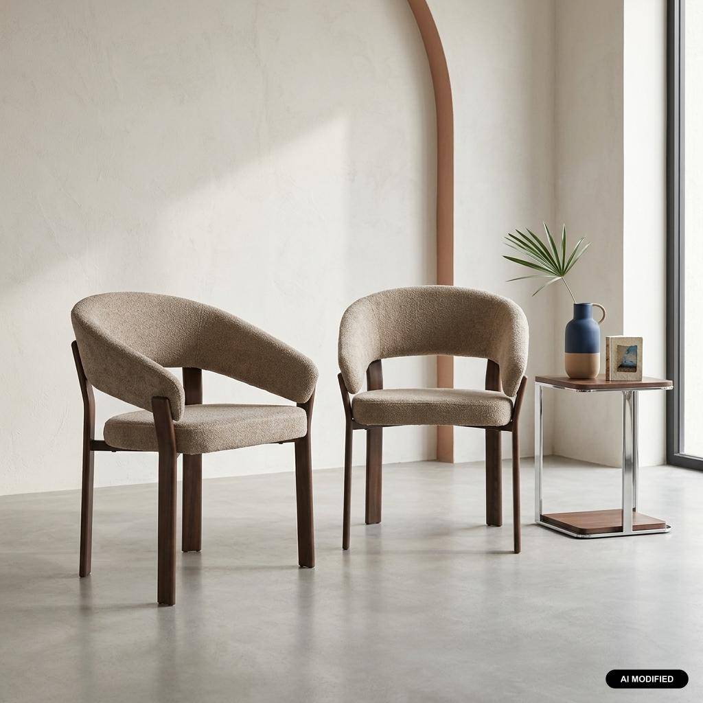 Lot de 2 fauteuils vintage acier effet bois foncé et tissu texturé taupe - Gloria Photo1