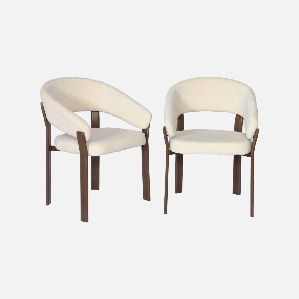 2 fauteuils acier effet bois foncé et tissu texturé crème