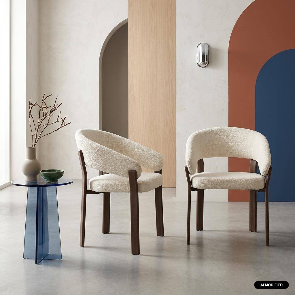 Lot de 2 fauteuils vintage acier effet bois foncé et tissu texturé crème - Gloria Photo1