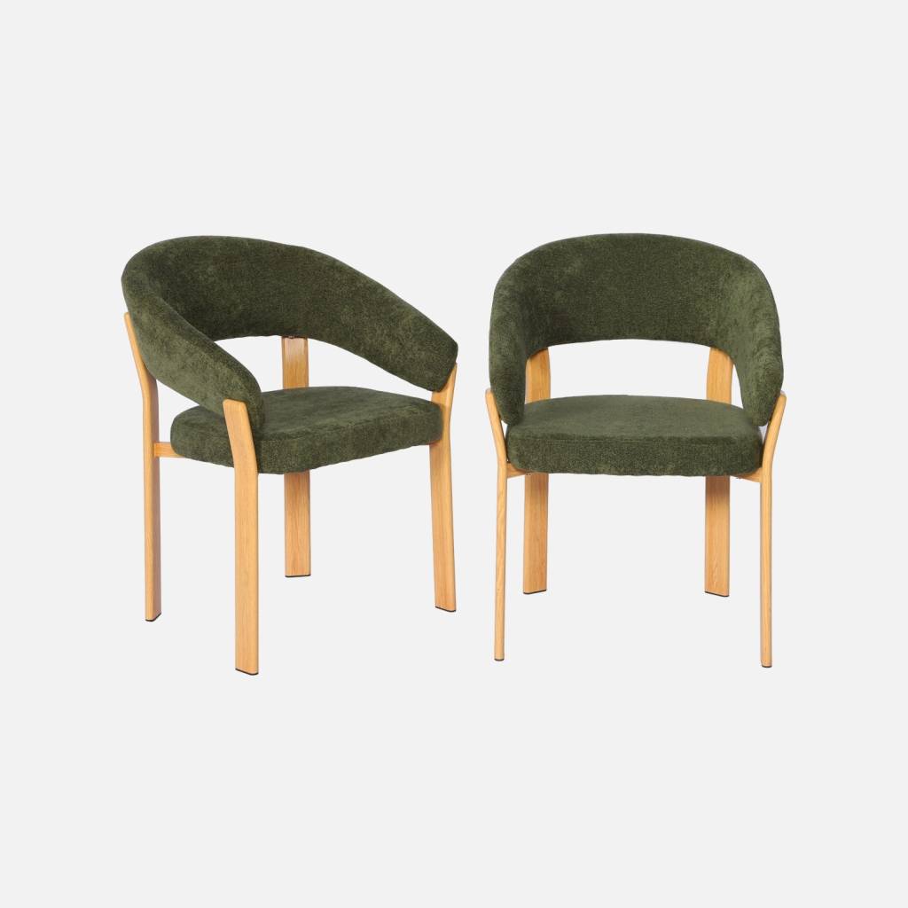 2 fauteuils acier effet bois clair et tissu texturé kaki