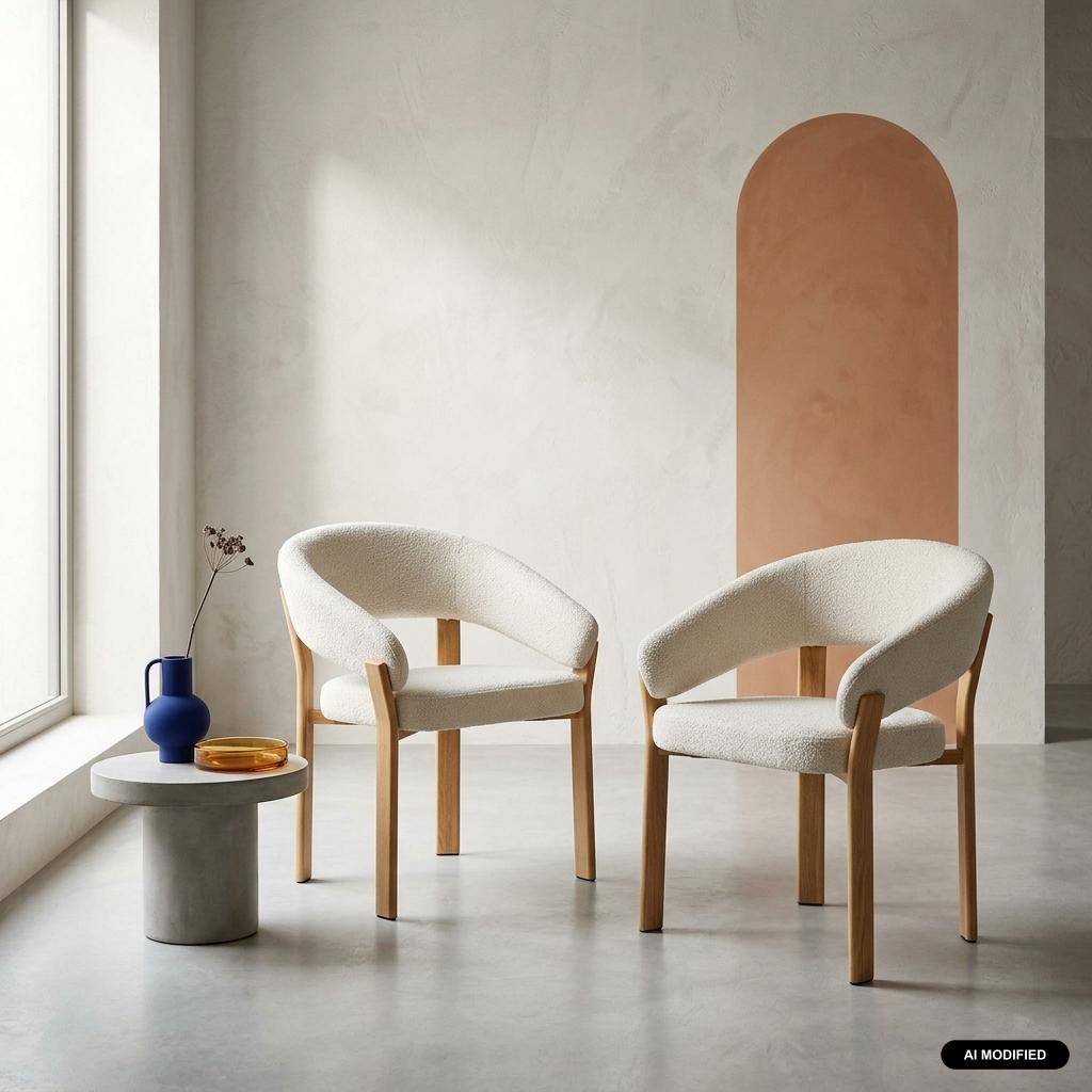 Lot de 2 fauteuils vintage acier effet bois clair et tissu texturé crème - Gloria Photo1