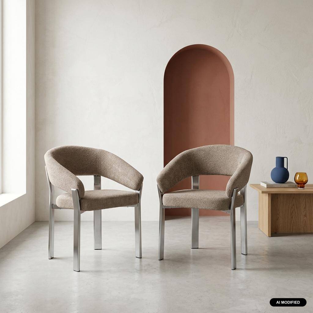 Lot de 2 fauteuils vintage acier chromé et tissu texturé taupe - Gloria Photo1
