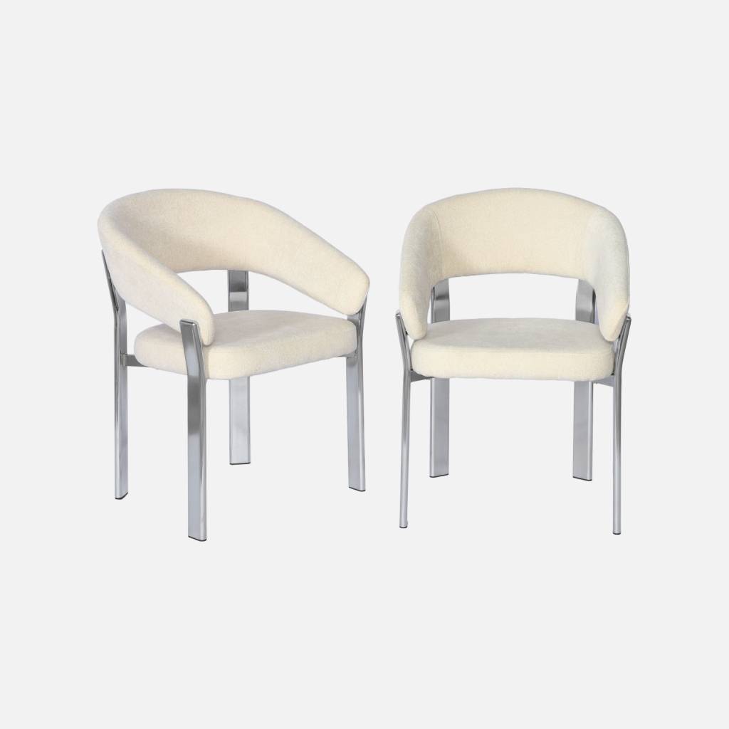 2 fauteuils acier chromé et tissu texturé crème