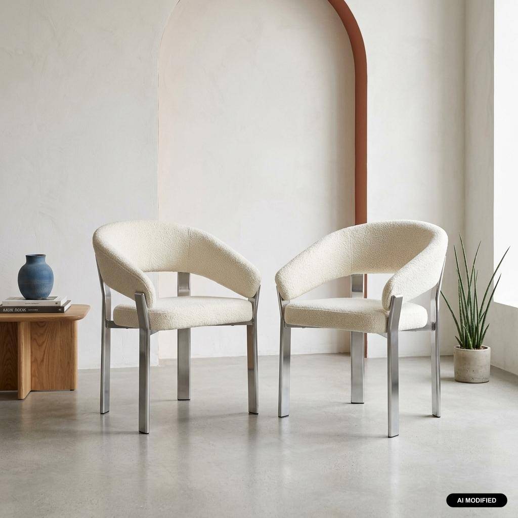 Lot de 2 fauteuils vintage acier chromé et tissu texturé crème - Gloria Photo1