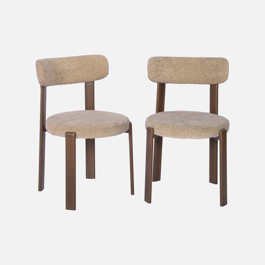 2 chaises acier effet bois foncé et tissu texturé taupe