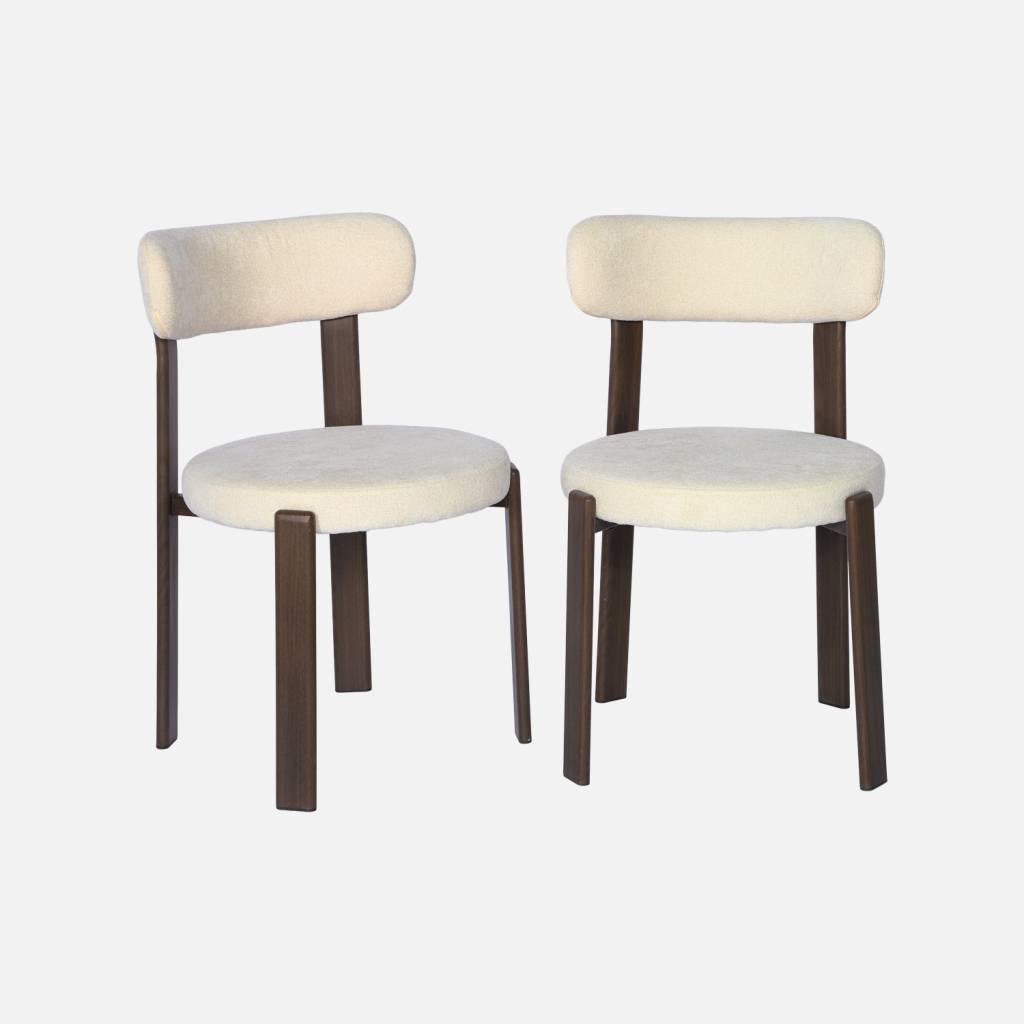 2 chaises acier effet bois foncé et tissu texturé crème