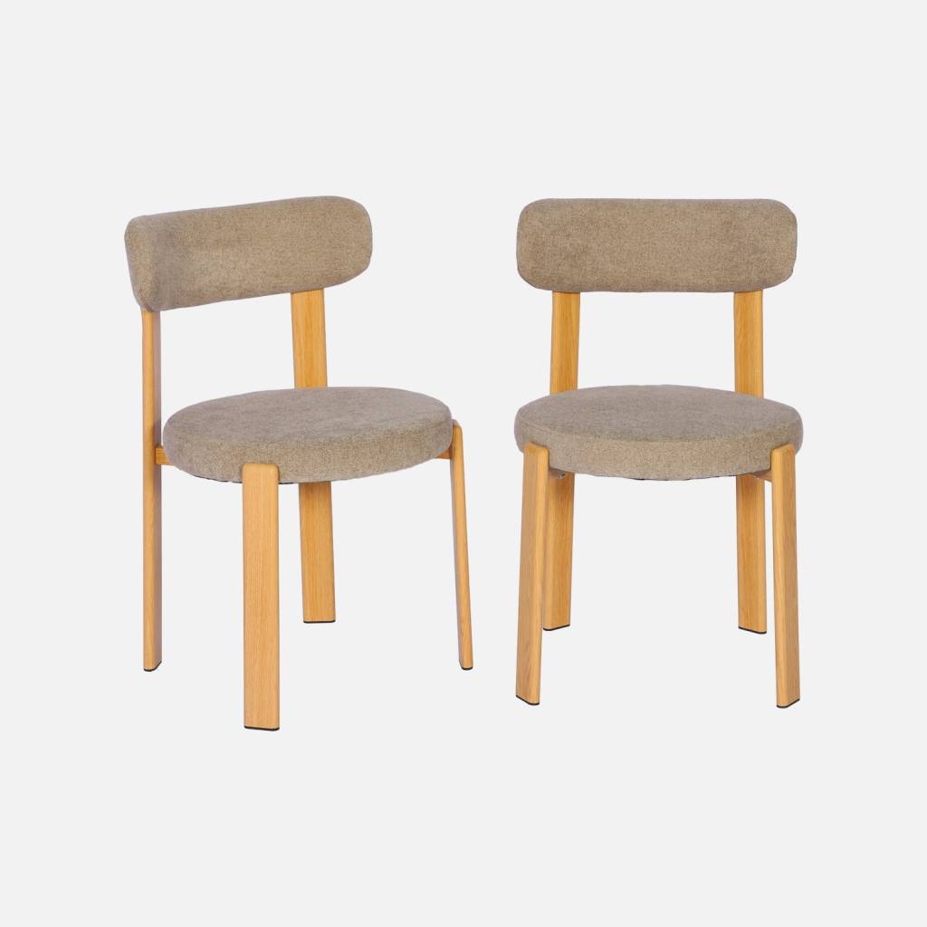 2 chaises acier effet bois clair et tissu texturé taupe