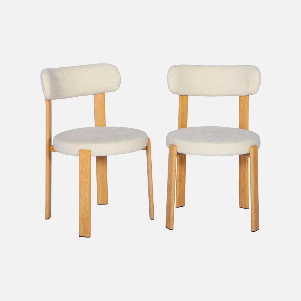 2 chaises acier effet bois clair et tissu texturé crème