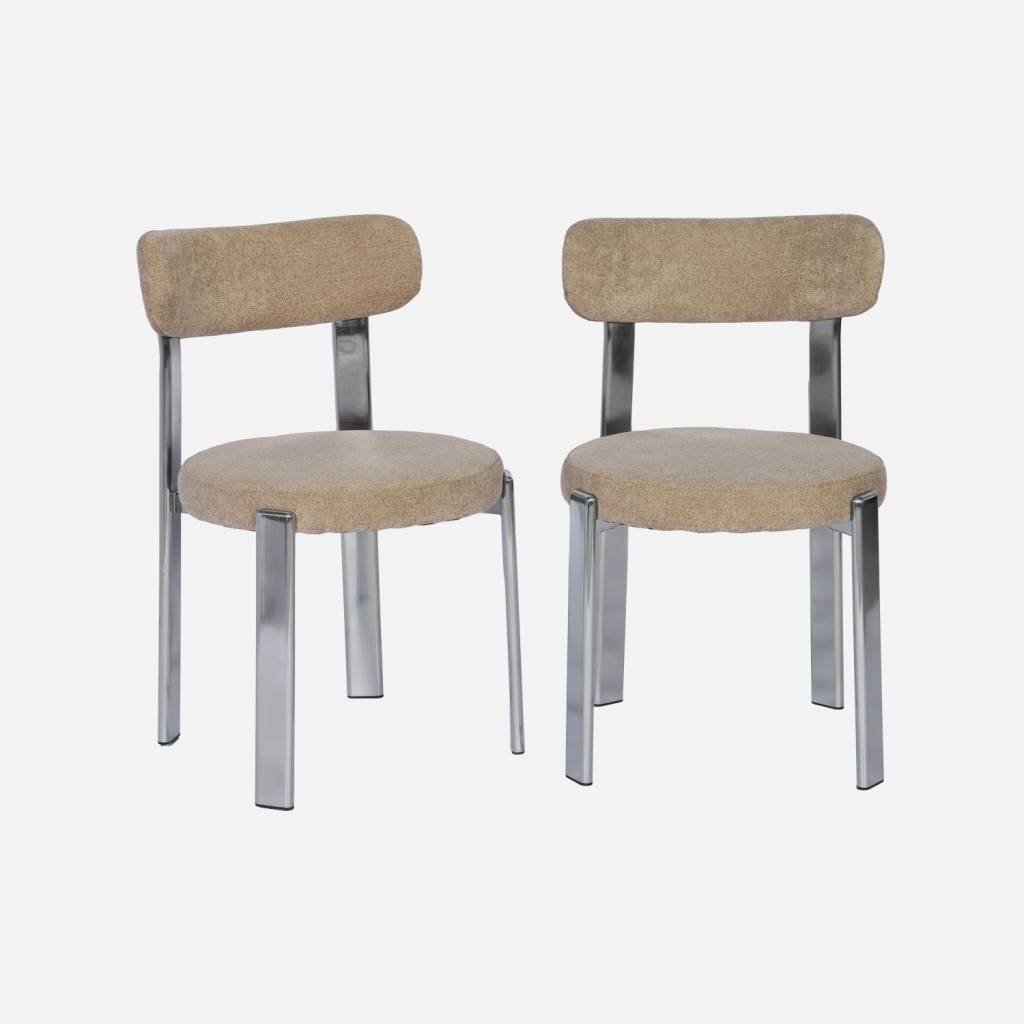 2 chaises acier chromé et tissu texturé taupe