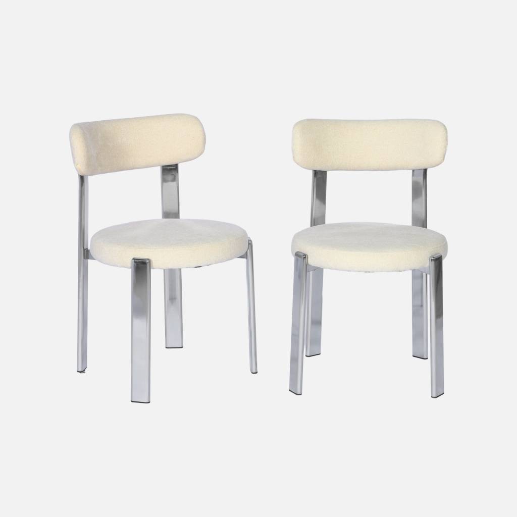 2 chaises acier chromé et tissu texturé crème