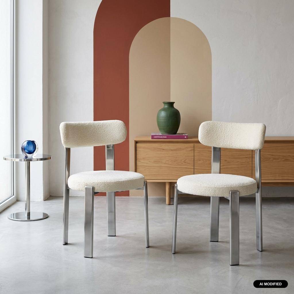 Lot de 2 chaises vintage acier chromé et tissu texturé crème - Gloria Photo1