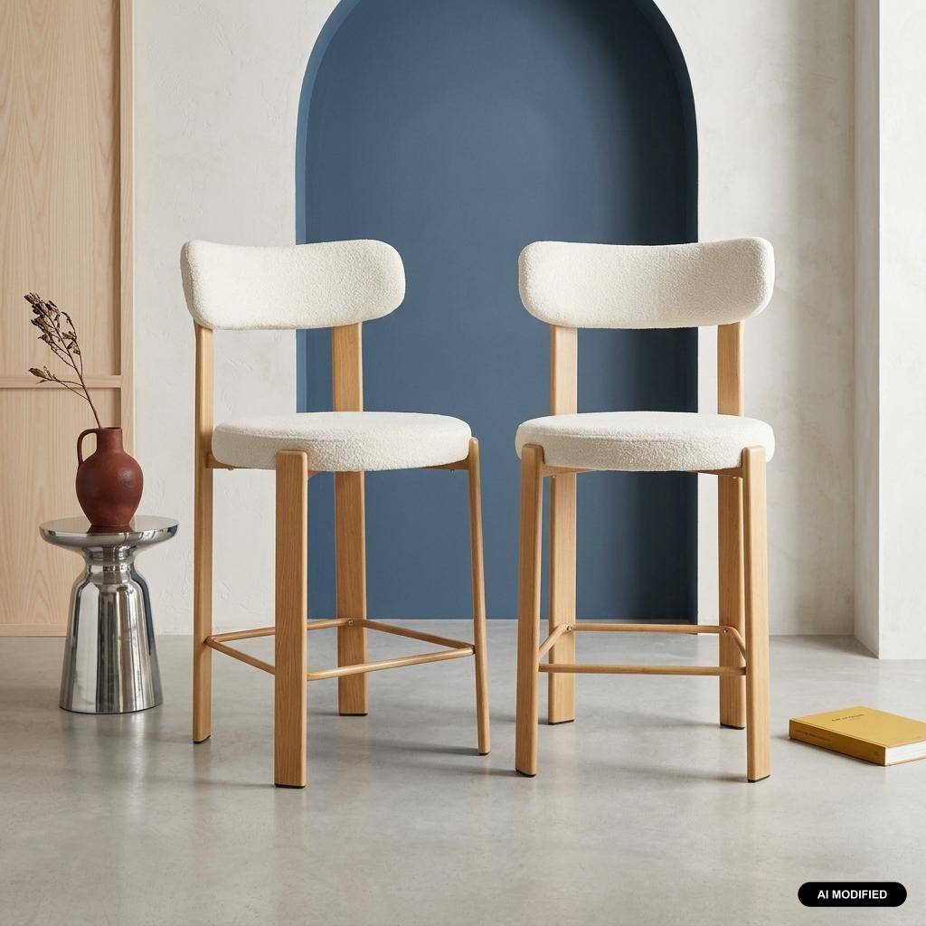 Lot de 2 tabourets de bar vintage acier effet bois clair et tissu texturé crème - Gloria Photo1