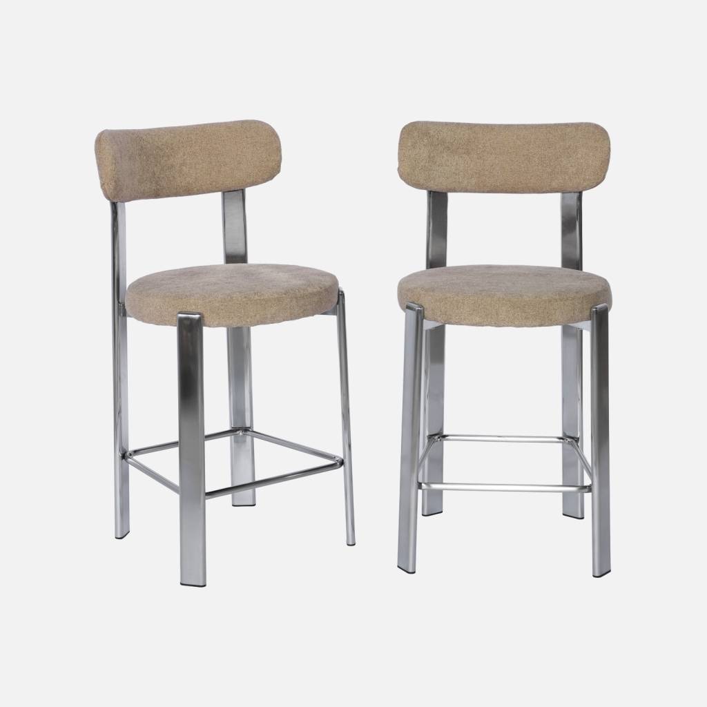 2 tabourets de bar acier chromé et tissu texturé taupe