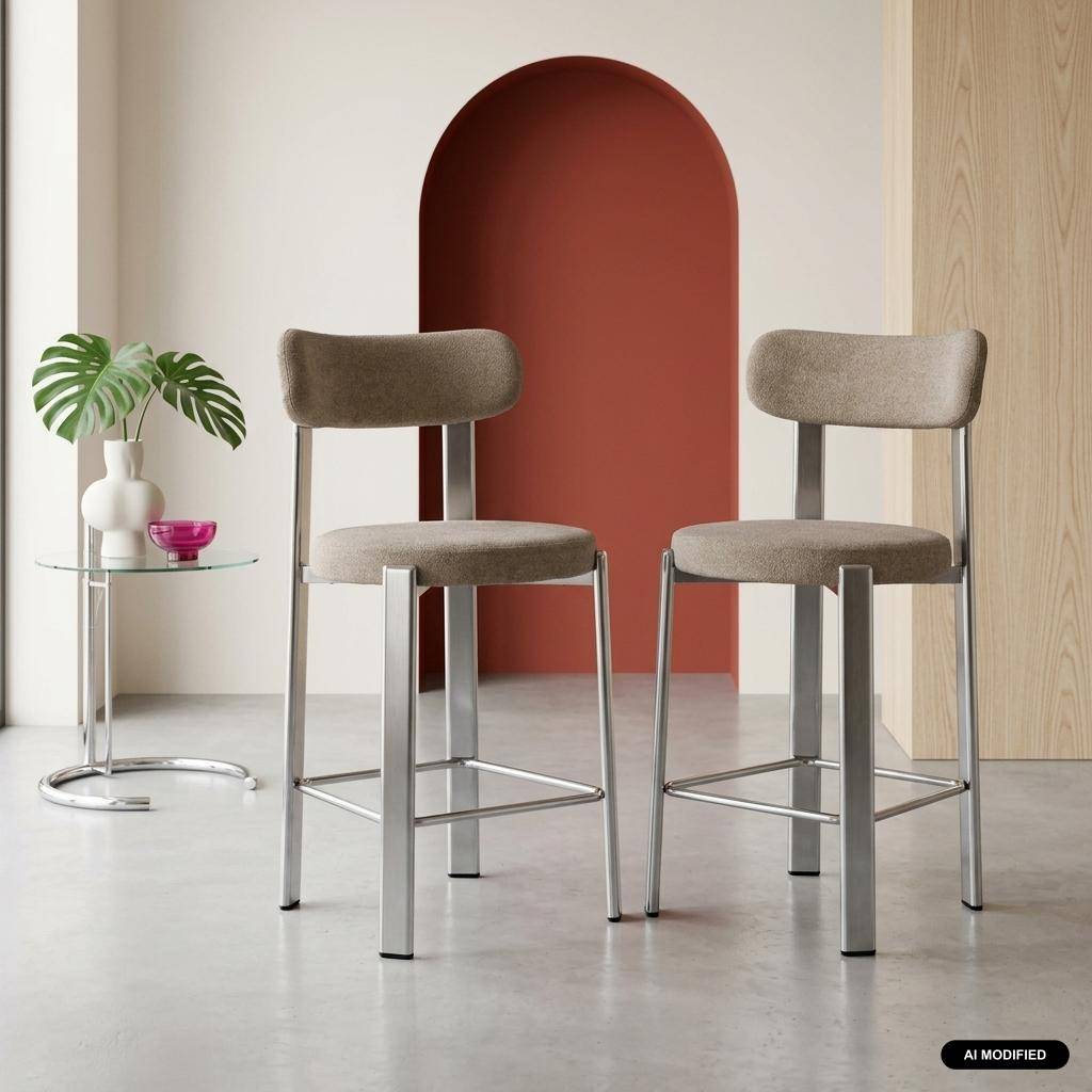 Lot de 2 tabourets de bar vintage acier chromé et tissu texturé taupe - Gloria,sweeek,Photo1
