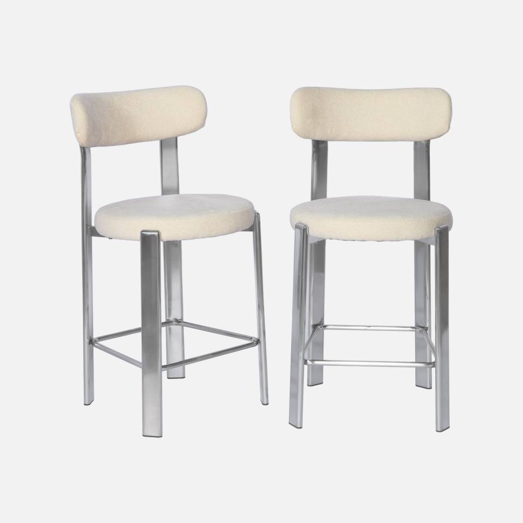 2 tabourets de bar acier chromé et tissu texturé crème