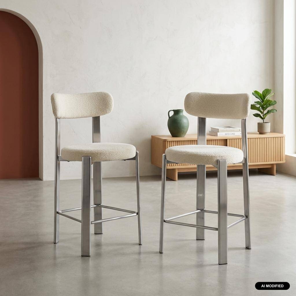 Lot de 2 tabourets de bar vintage acier chromé et tissu texturé crème - Gloria Photo1