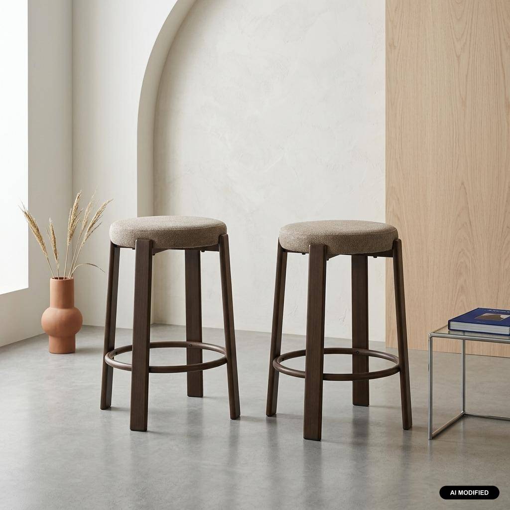 Lot de 2 tabourets de bar vintage acier effet bois foncé et tissu texturé taupe - Gloria Photo1