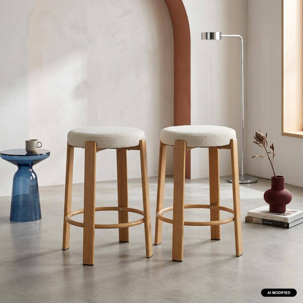 Lot de 2 tabourets de bar vintage acier effet bois clair et tissu texturé crème - Gloria Photo1