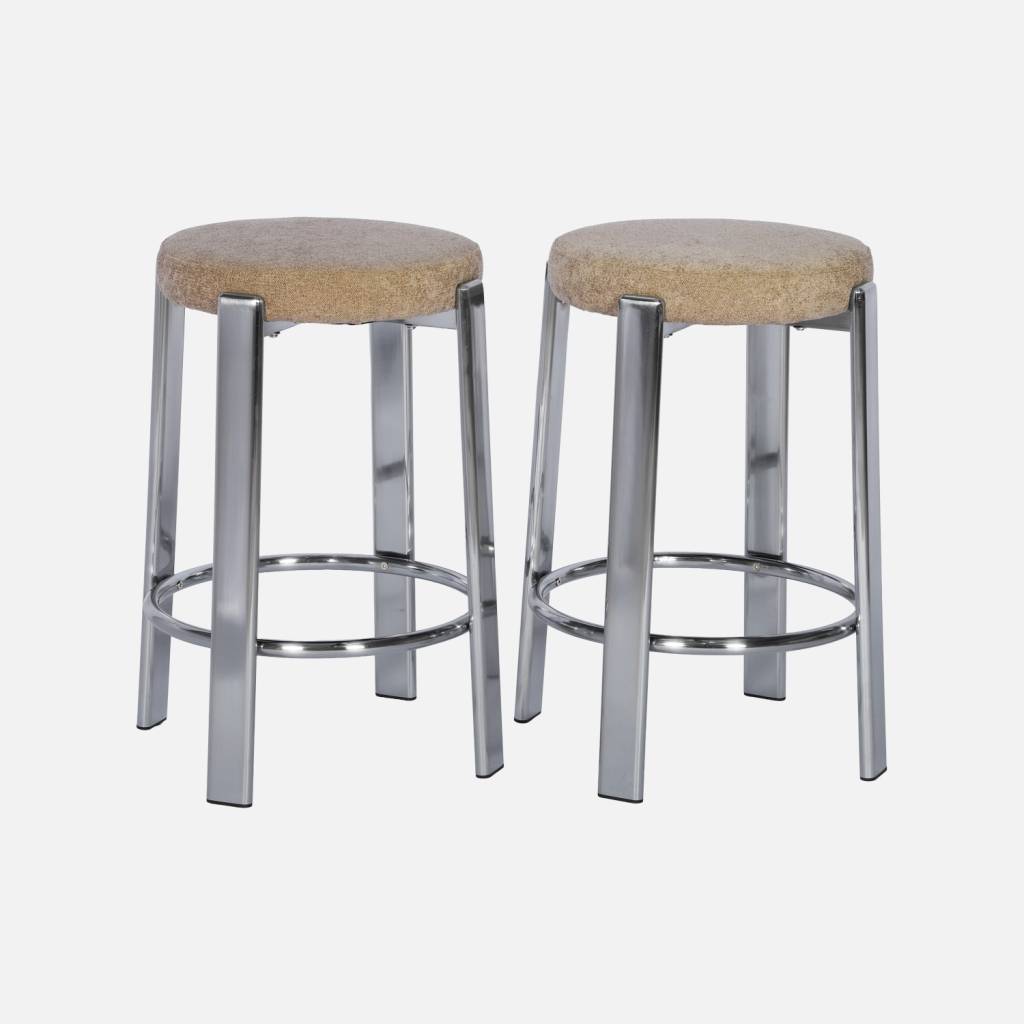 2 tabourets de bar chromé et tissu texturé taupe