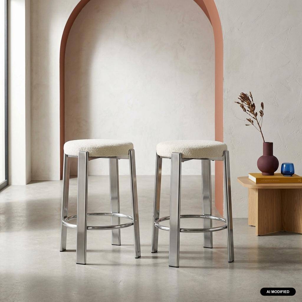 Lot de 2 tabourets de bar vintage acier chromé et tissu texturé crème - Gloria Photo1