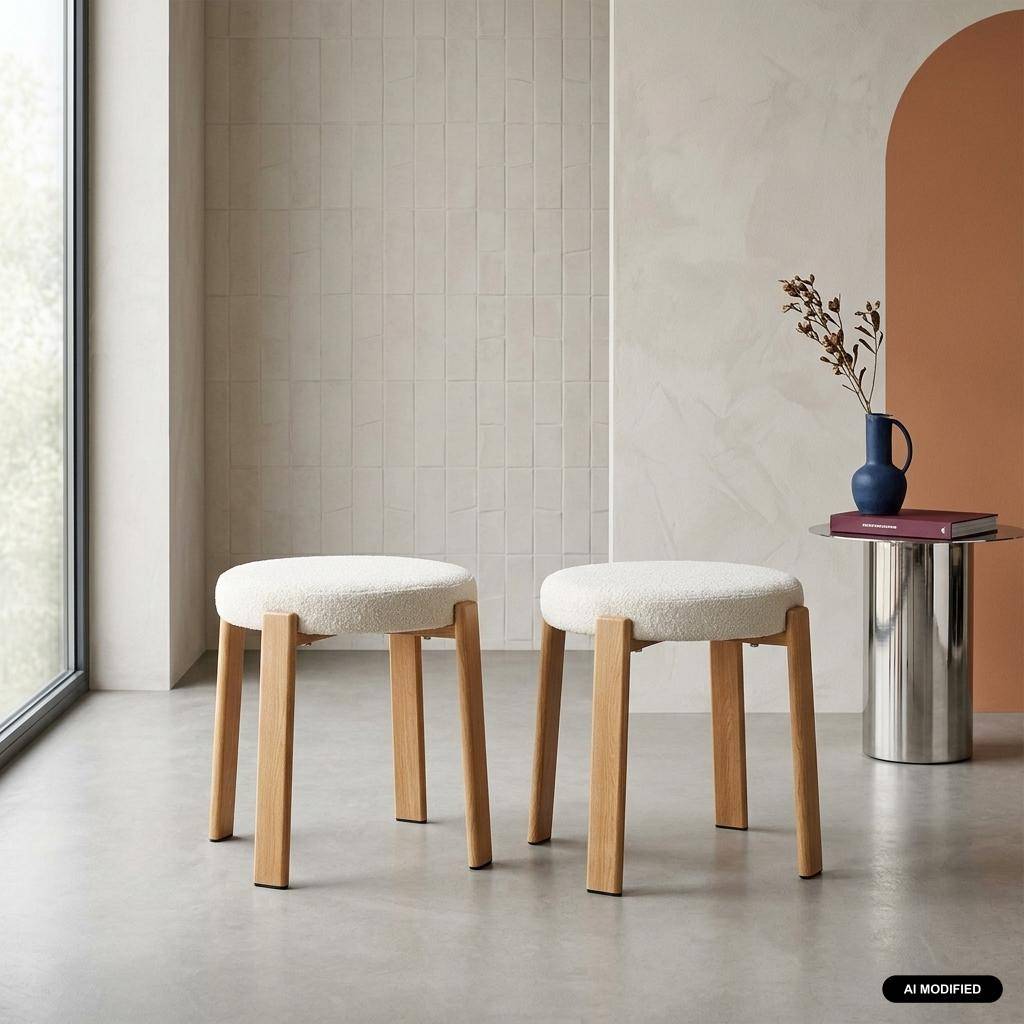 Lot de 2 tabourets vintage acier effet bois clair et tissu texturé crème - Gloria Photo1